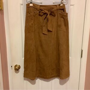 Brown Midi Pencil Skirt with Tie Front